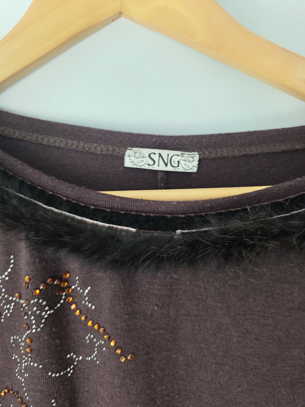 SNG Brown Embellished Faux Fur Trim Dolman Sweater Top Size S/M - Picture 6 of 11